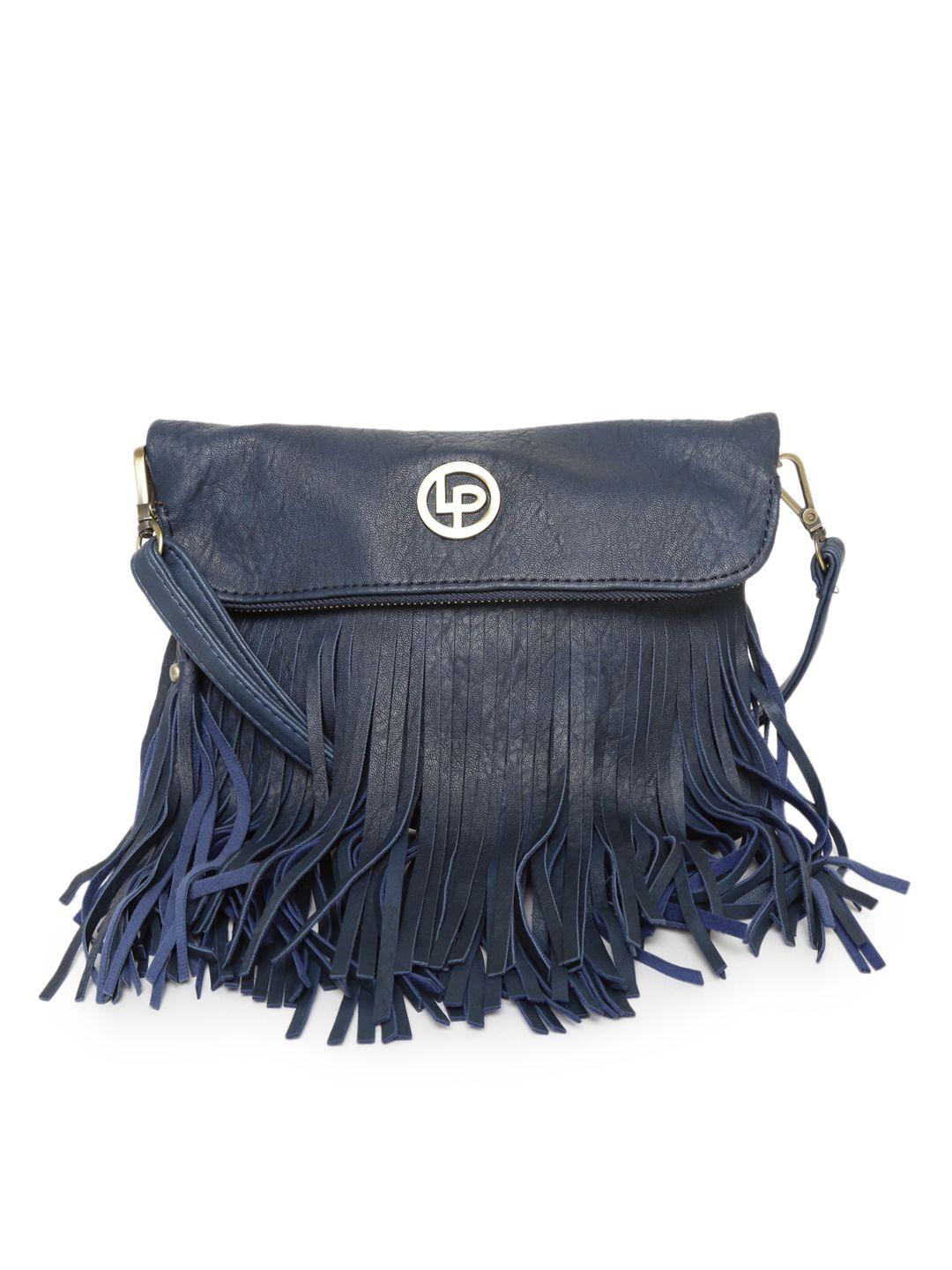 lino perros navy blue foldable fringed sling bag