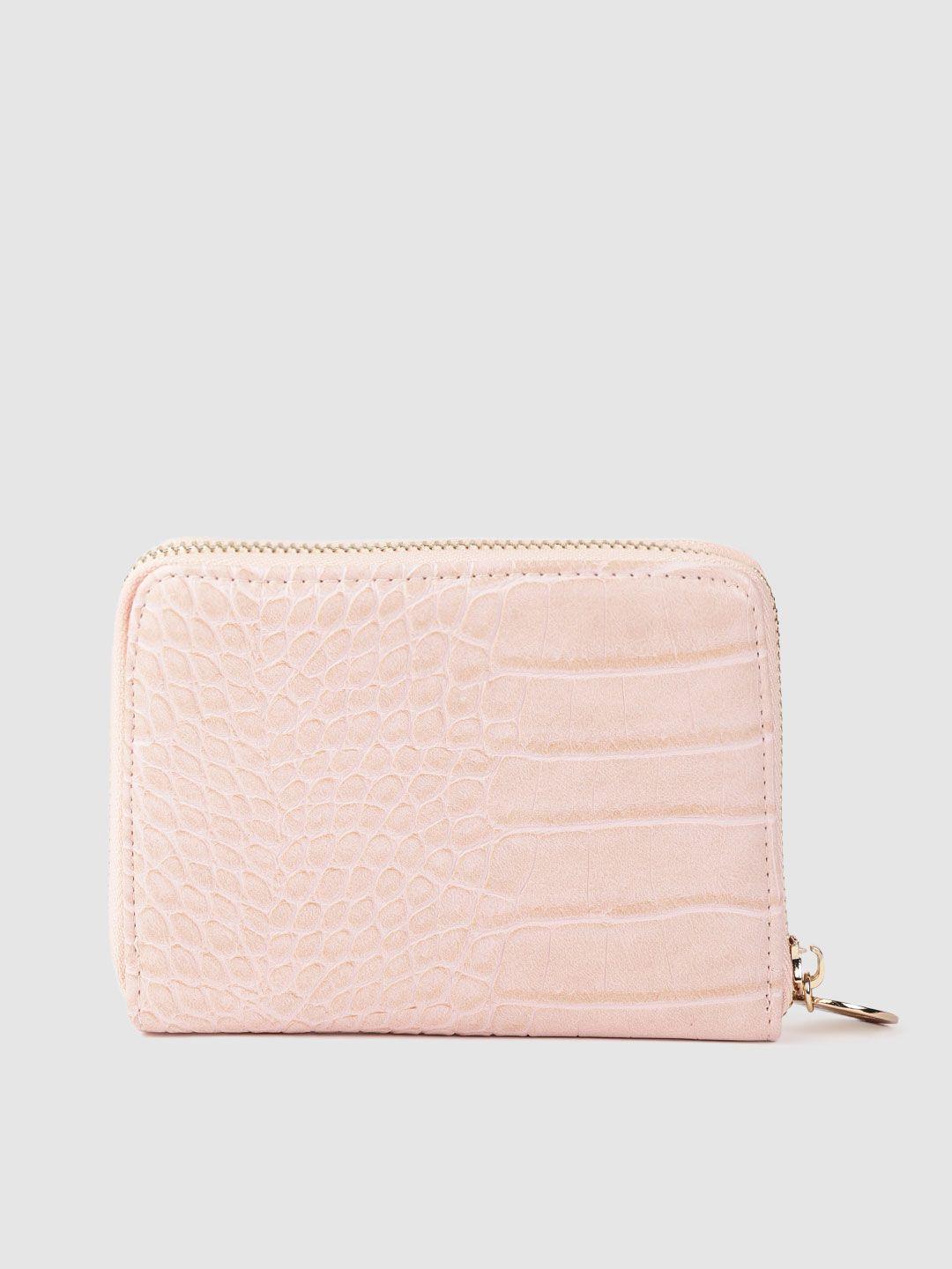 lino perros women peach-coloured croc-textured zip around wallet