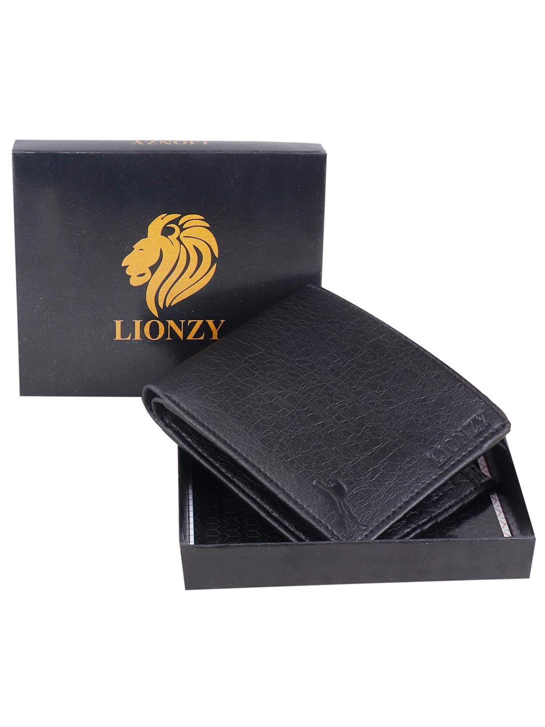 lionzy men black textured two fold wallet