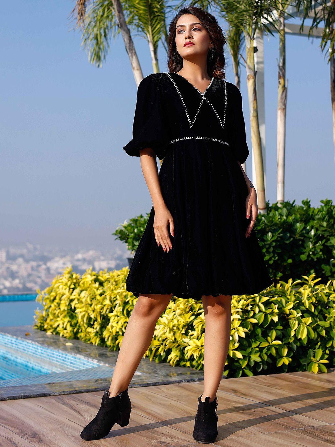 lirose black puff sleeve pure wool velvet fit & flare dress