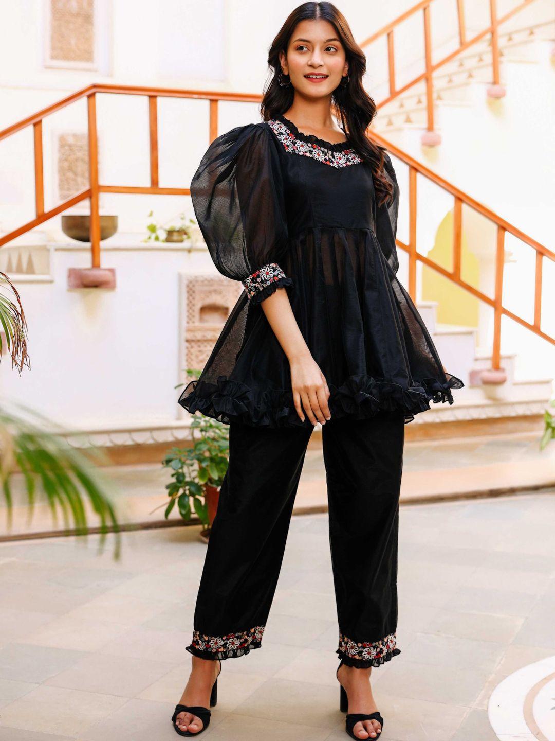 lirose embroidered puff sleeves tunic with trousers co-ords