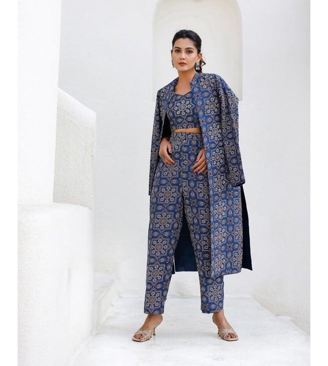 lirose blue pure modal satin lurex ajrakh print tube with pant and long coat co-ord set