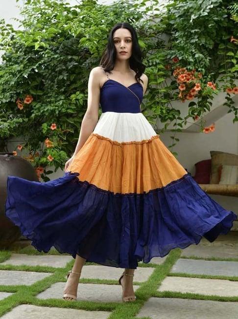 lirose blue voile three shades tier dress