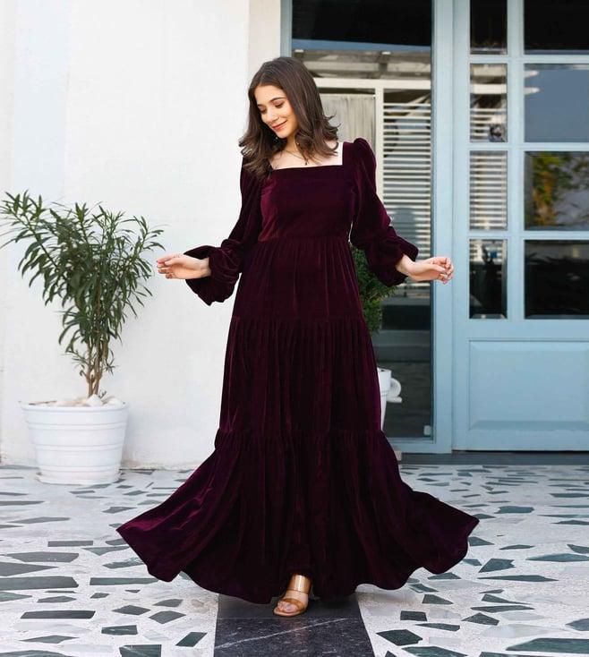 lirose burgundy pure velvet full maxi dress