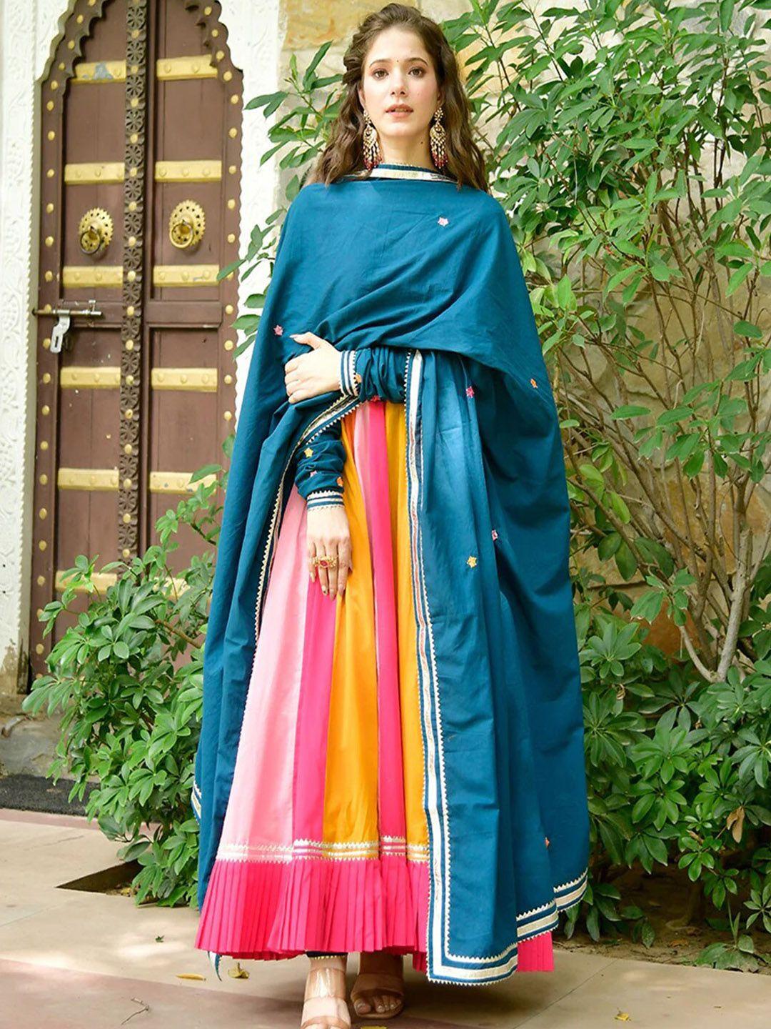 lirose colourblocked gotta patti anarkali pure cotton kurta with trousers & dupatta