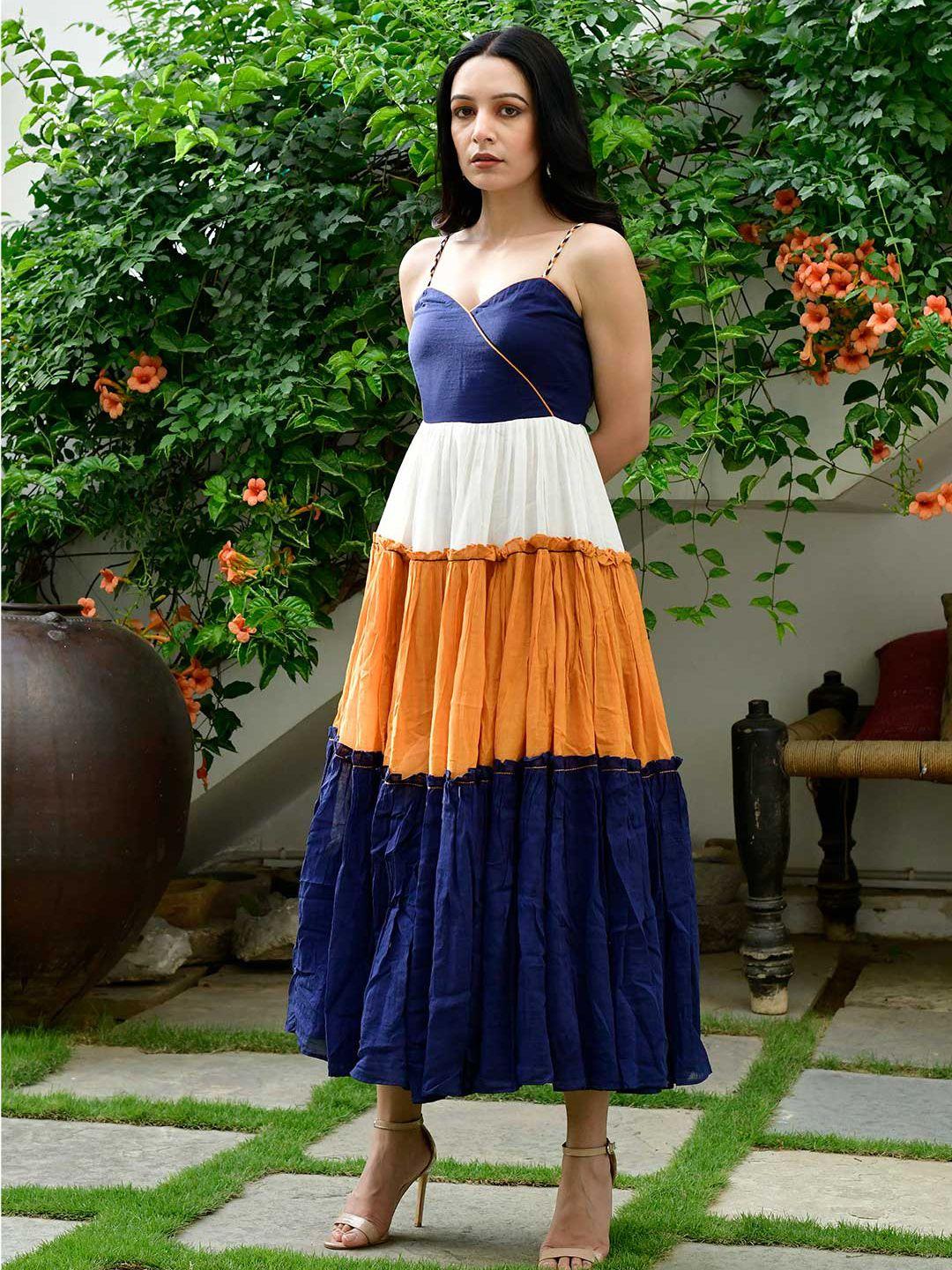 lirose colourblocked shoulder straps pure cotton empire maxi dress