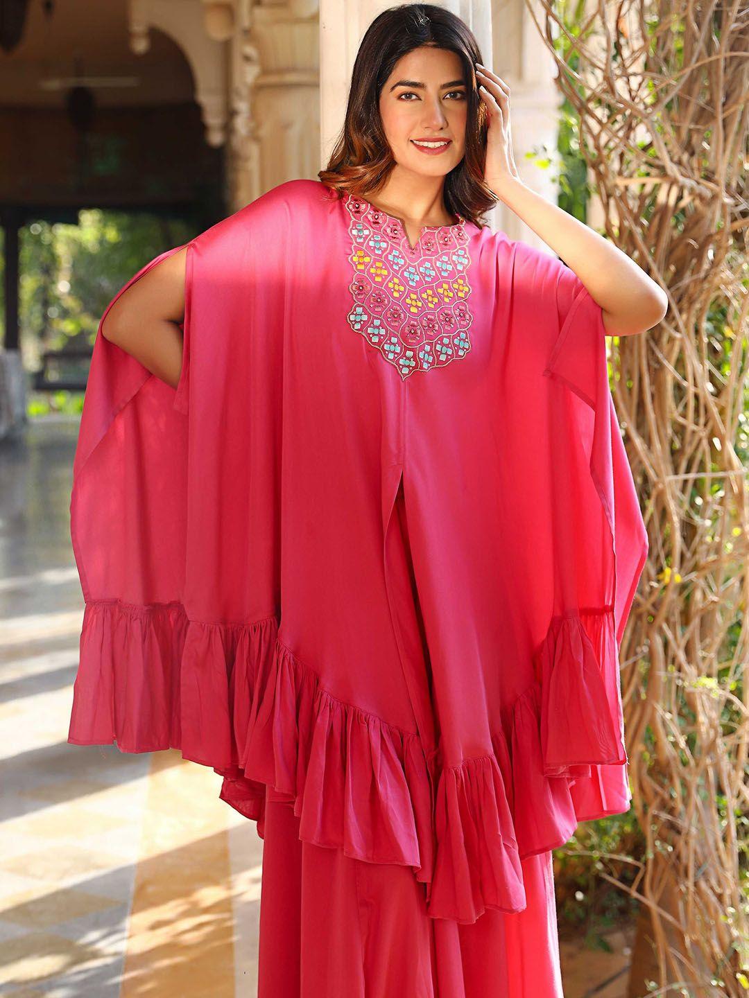 lirose embellished yoke satin kaftan top with flared palazzos