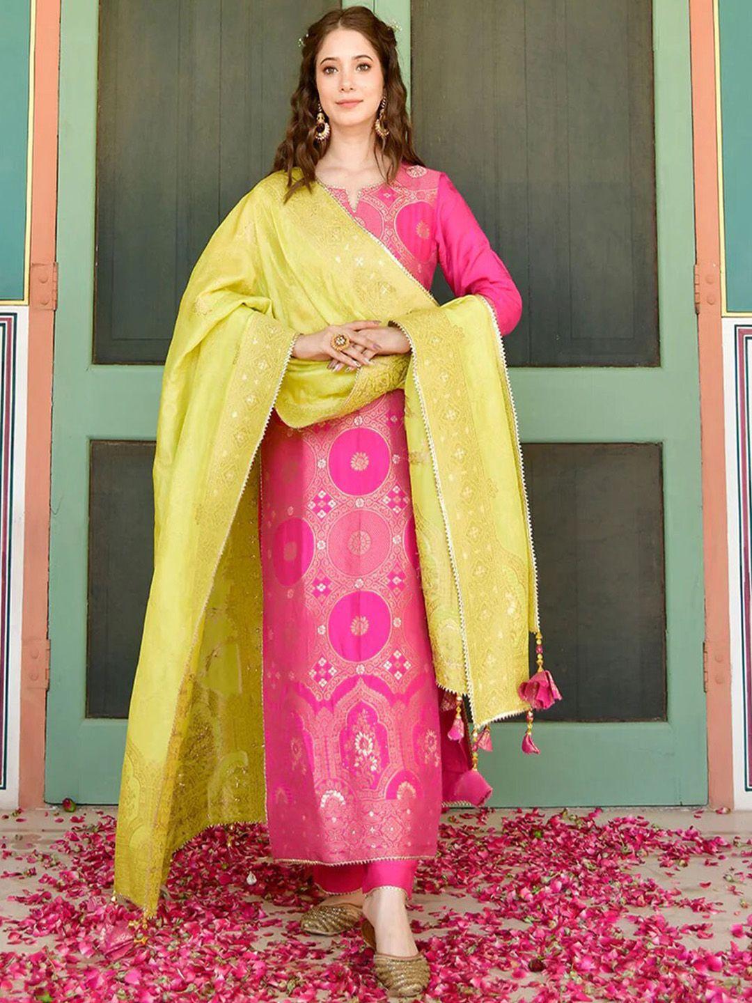 lirose ethnic motifs printed banarsi silk kurta with trousers & dupatta