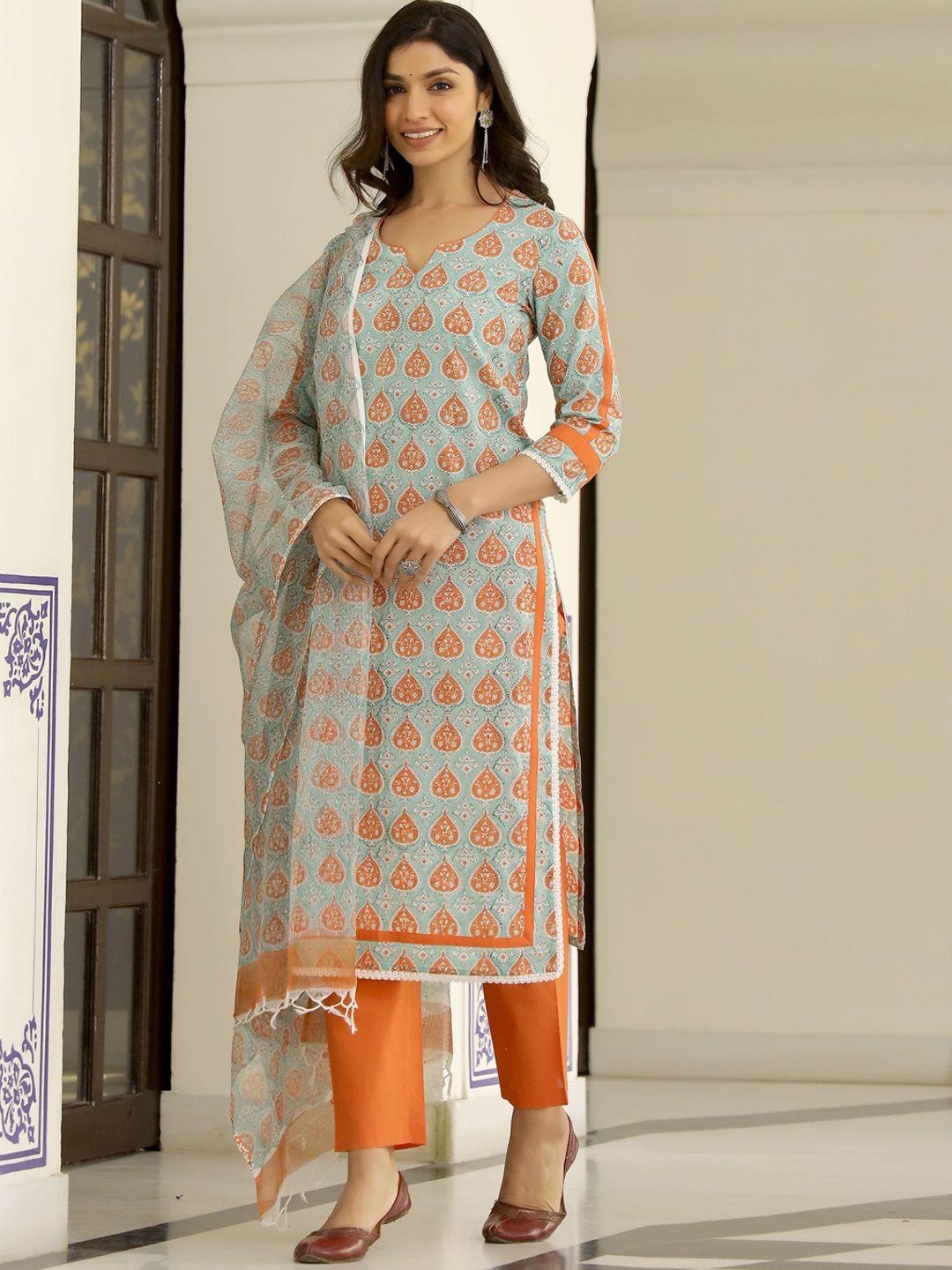 lirose ethnic motifs printed pure cotton kurta with trousers & dupatta