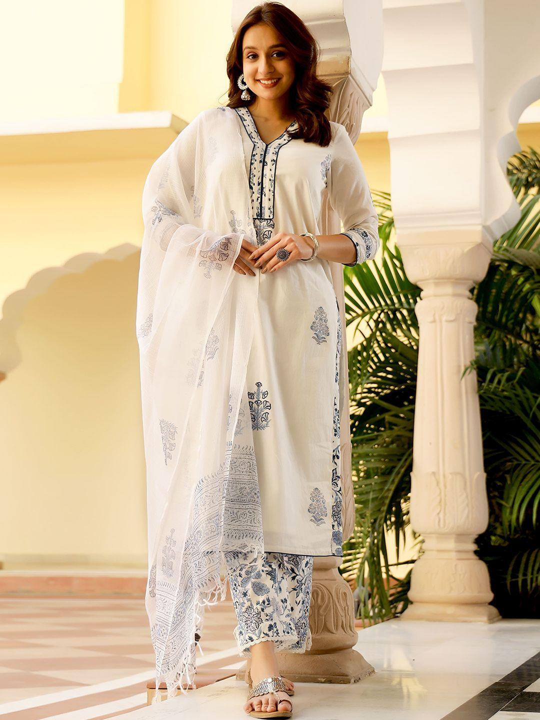 lirose ethnic motifs printed v-neck pure cotton kurta with trousers & dupatta