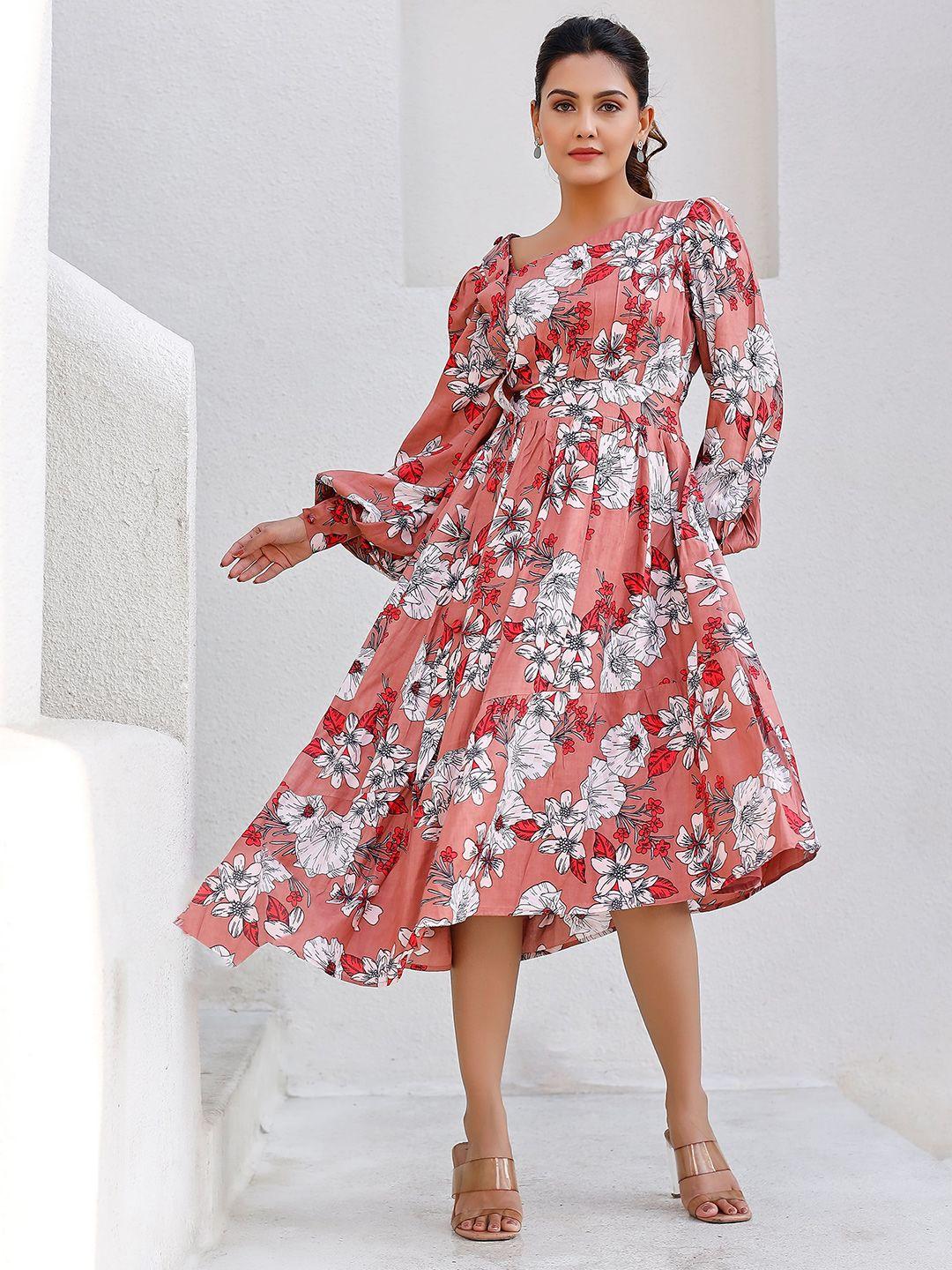 lirose floral print tie-up neck puff sleeve fit & flare midi dress