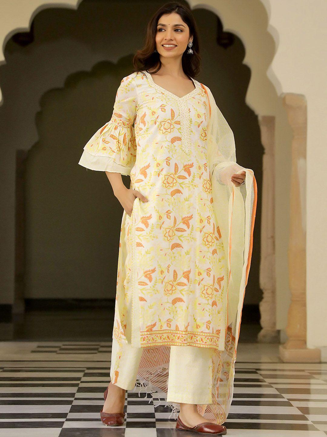 lirose floral printed pure cotton kurta & trousers with dupatta