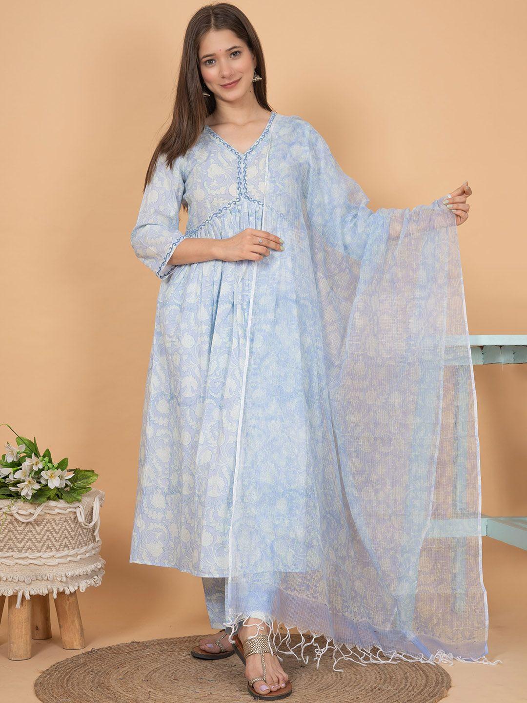 lirose floral printed pure cotton kurta & trousers with dupatta