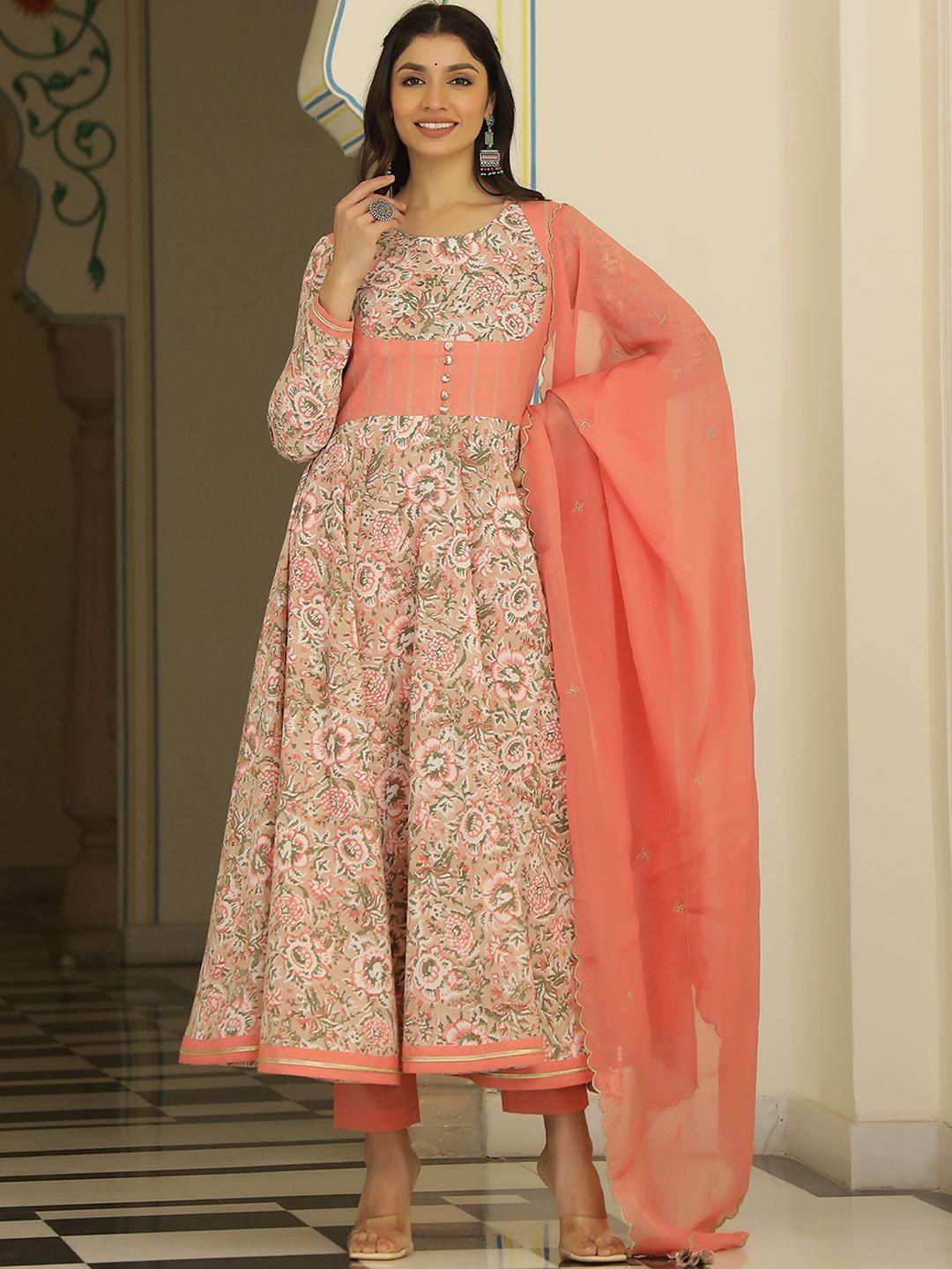 lirose floral printed pure cotton kurta & trousers with dupatta