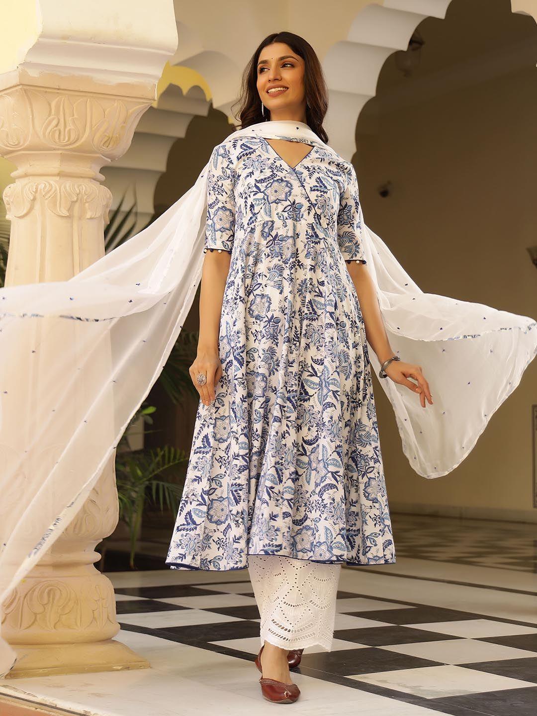 lirose floral printed v-neck pure cotton kurta with trousers & dupatta