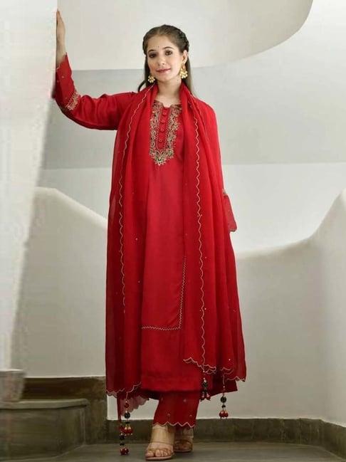 lirose red riyad kurta with pant and dupatta