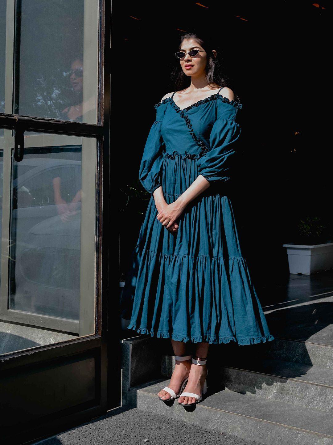 lirose teal puff sleeve fit & flare midi dress