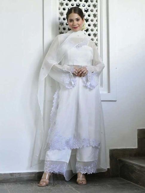 lirose white heavy embroidery organza kurta and pant with organza dupatta