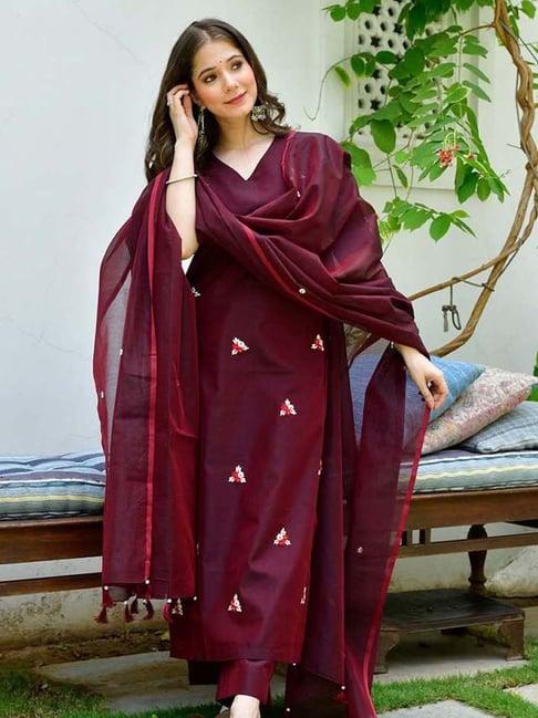 lirose wine hand embroidery long kurta with pants and chanderi dupatta