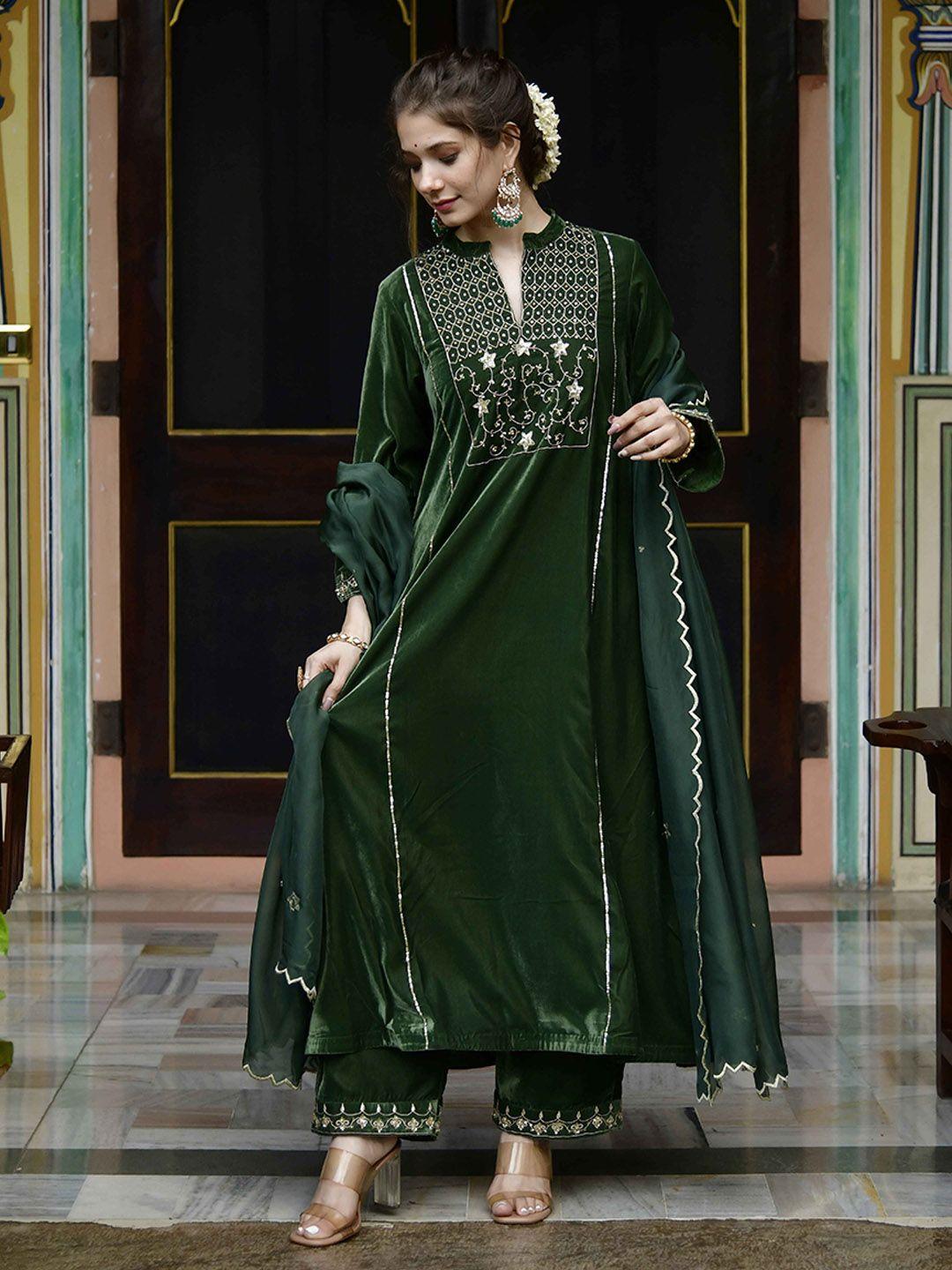 lirose women green yoke design regular velvet kurta with trousers & with dupatta