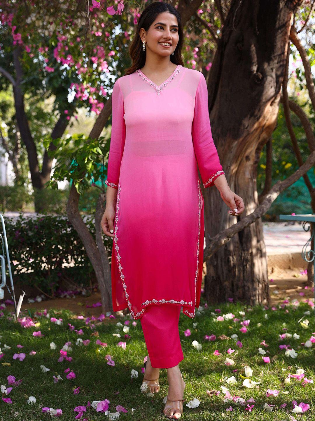 lirose women pink ombre embroidered regular thread work kurta with trousers