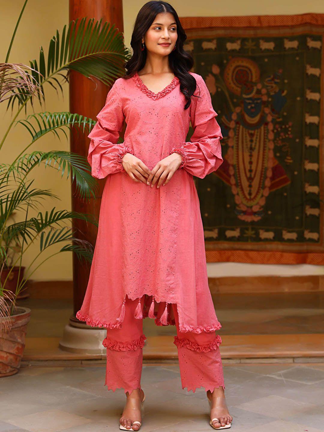 lirose women pink regular thread work kurta with trousers