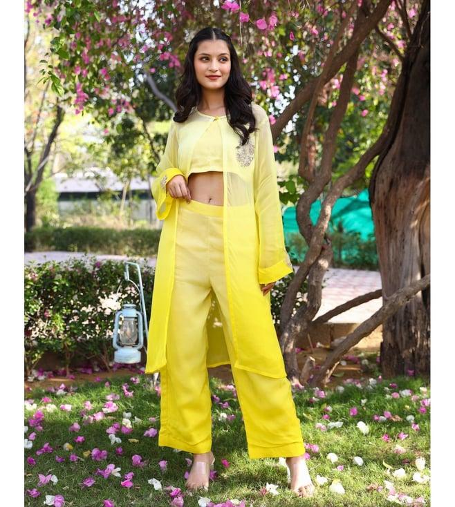 lirose yellow mihira crop top with pant and jacket co-ord set