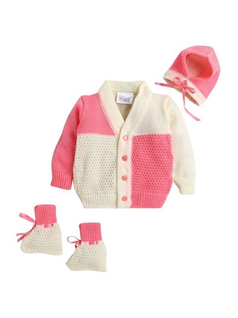 little angels kids cream & pink textured pattern full sleeves sweater set