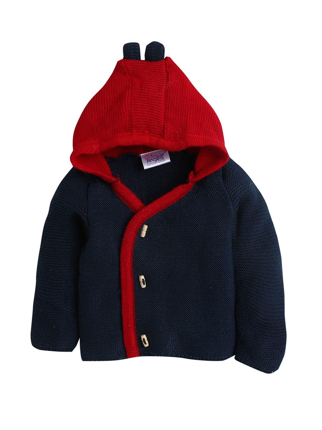 little angels kids navy blue & red colourblocked hooded cardigan sweater