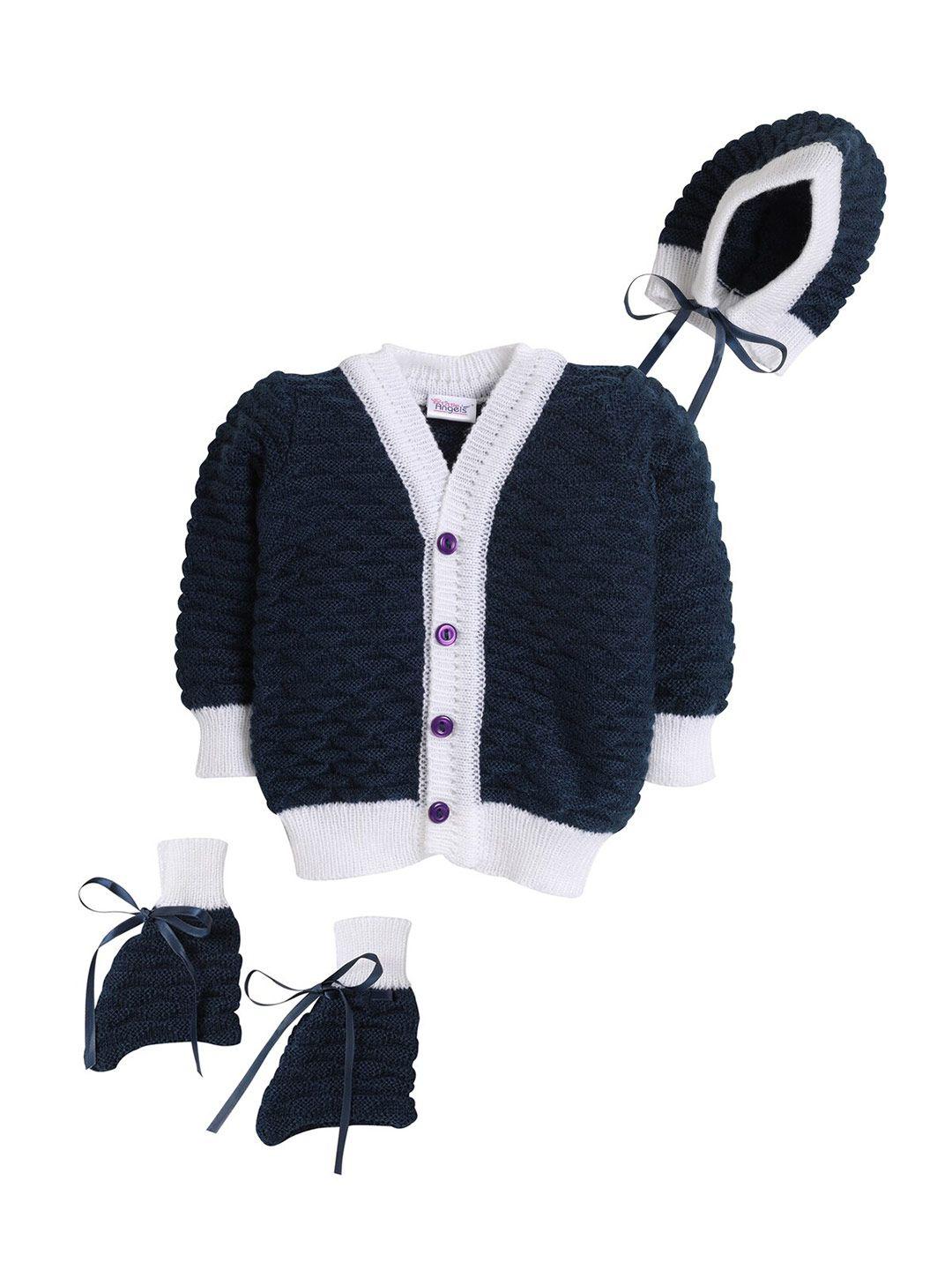 little angels unisex kids navy blue & off white colourblocked cardigan with cap and socks