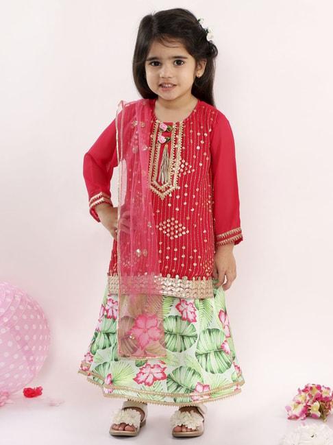 little bansi kids red & green floral print kurta lehenga set