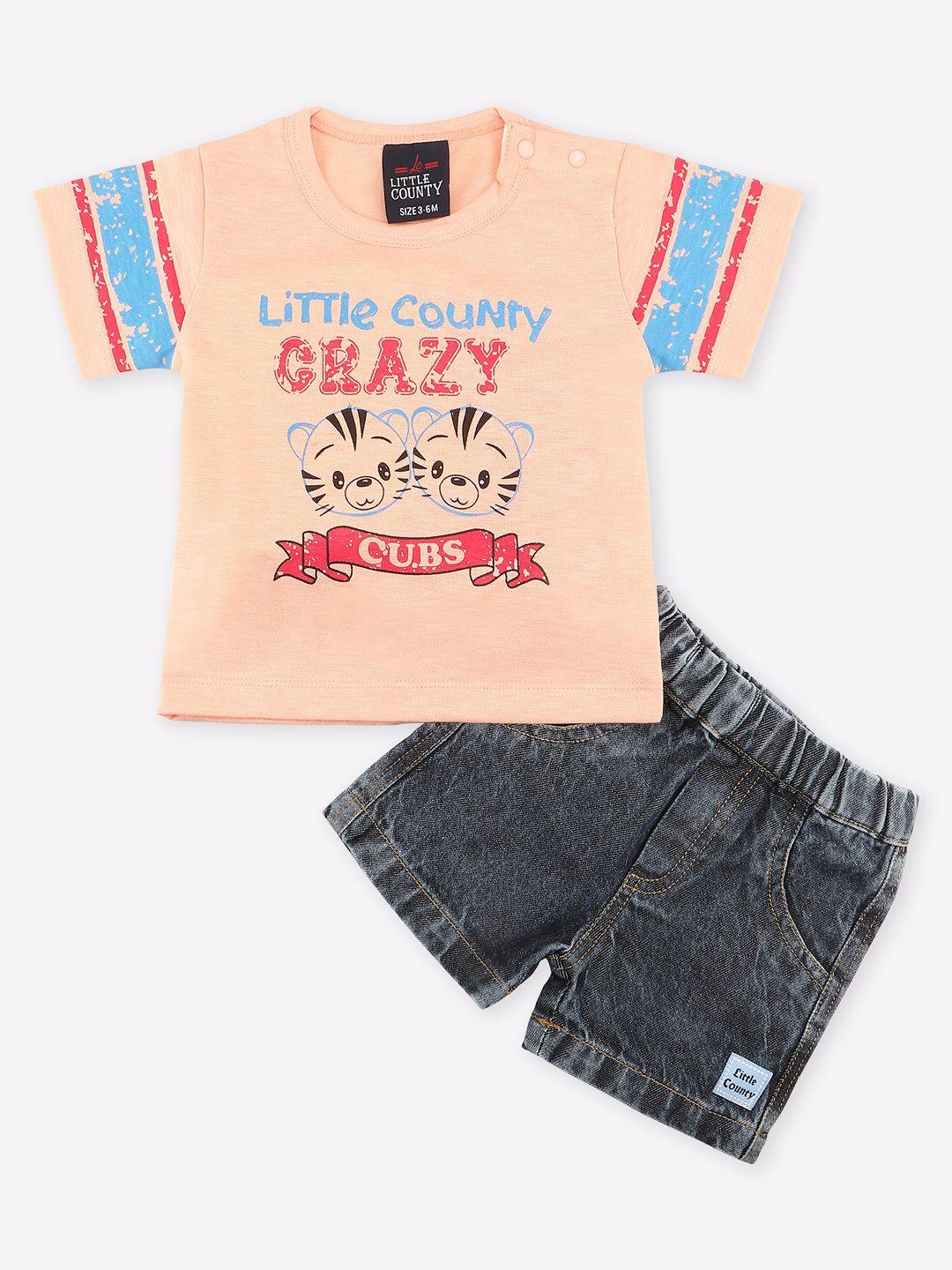 little county boys peach-coloured & blue printed t-shirt with shorts