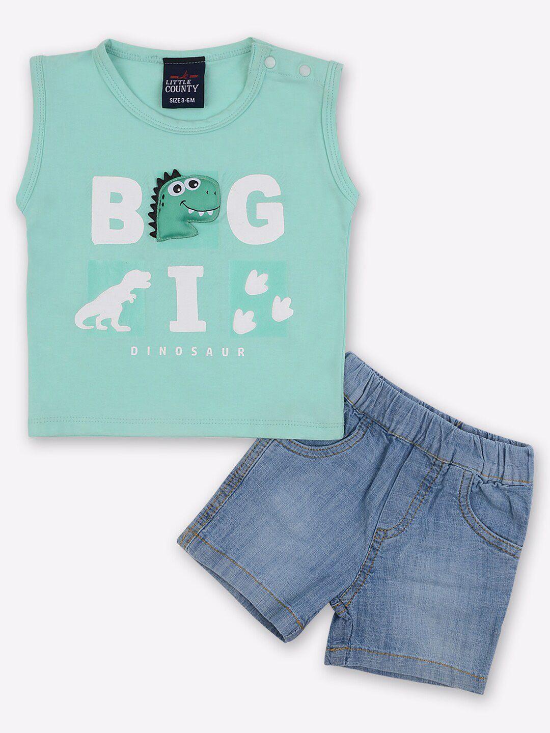 little county boys sea green & blue printed pure cotton t-shirt with denim shorts
