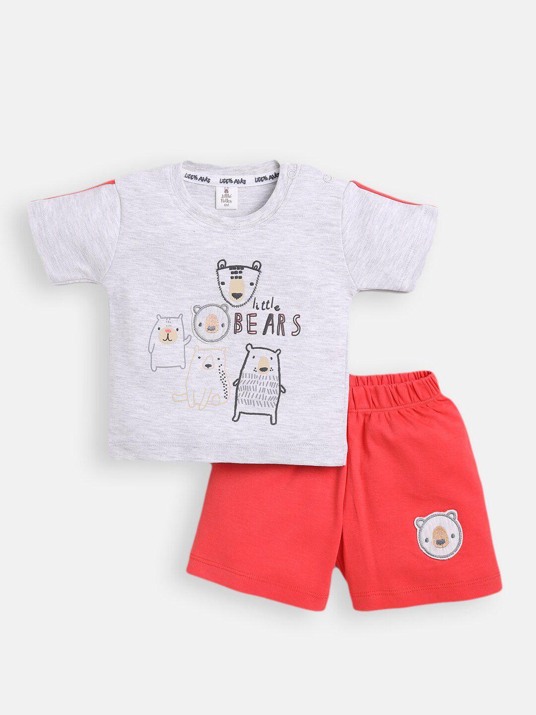 little folks boys grey melange & red pure cotton printed t-shirt with shorts