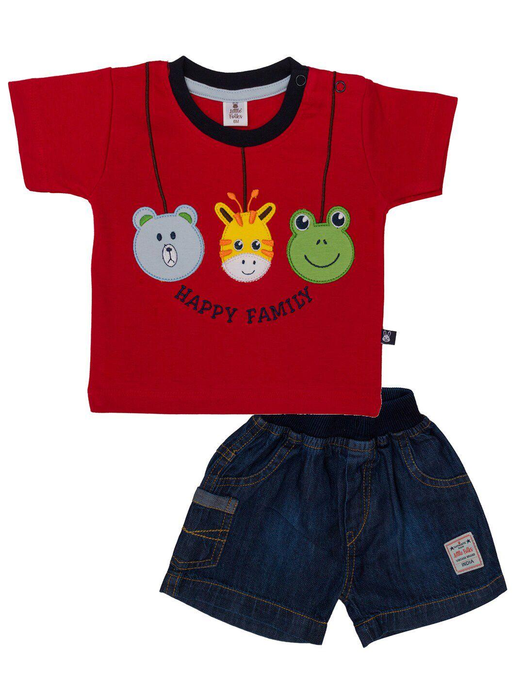 little folks boys red & yellow printed applique pure cotton t-shirt with shorts