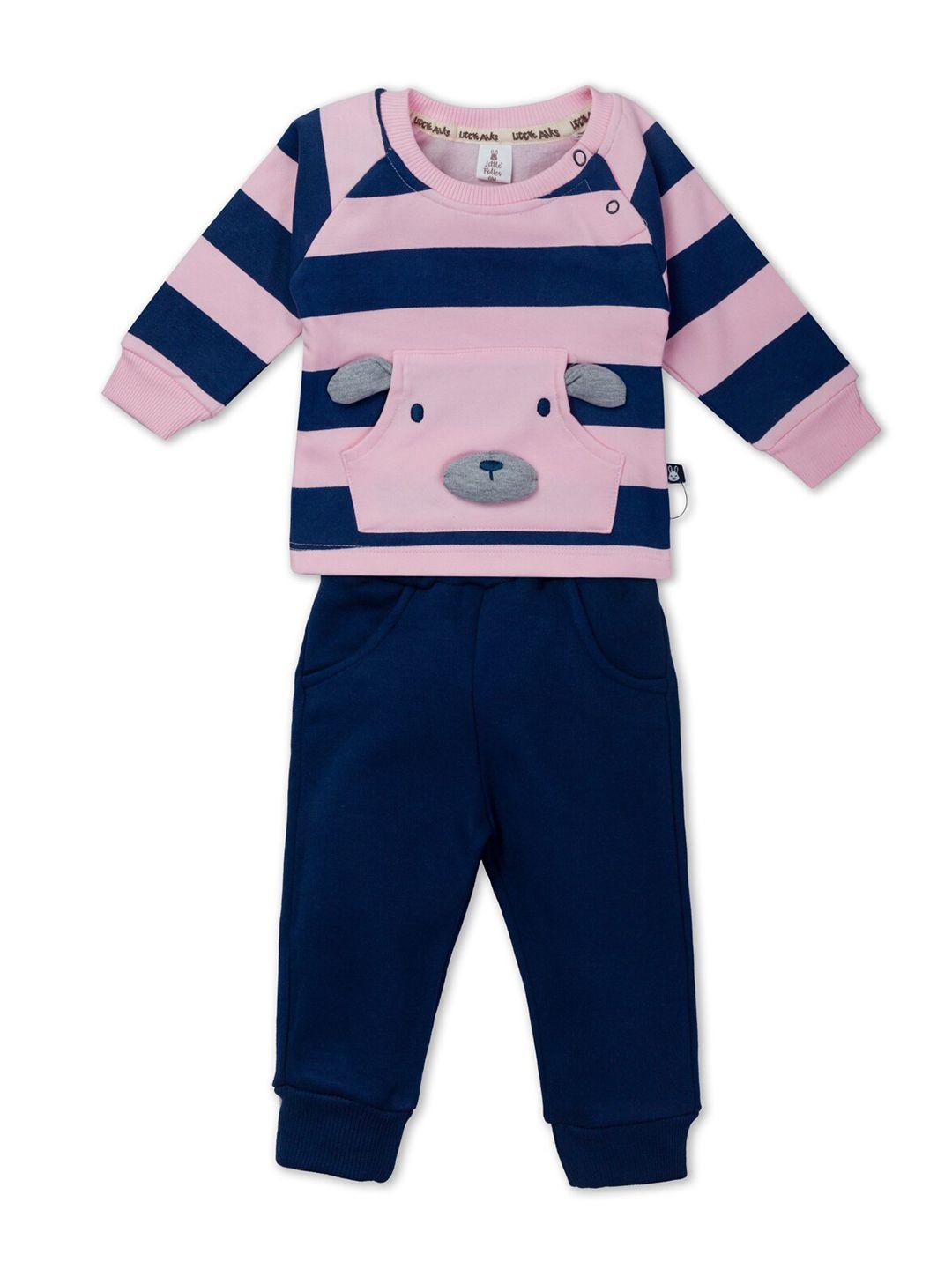little folks unisex kids pink & navy blue printed t-shirt with trousers
