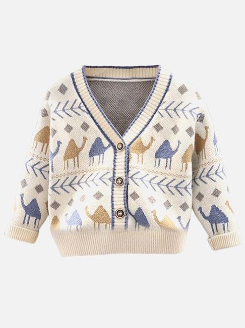 little surprise box camel troop cream & blue printed full sleeves cardigan