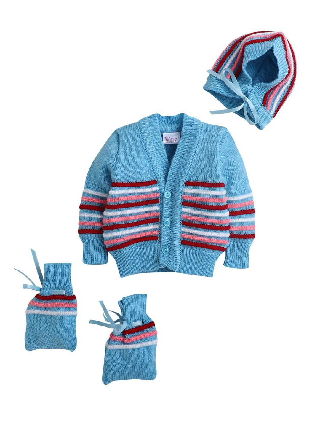 little angels boys blue & maroon cable knit cardigan matching cap and socks