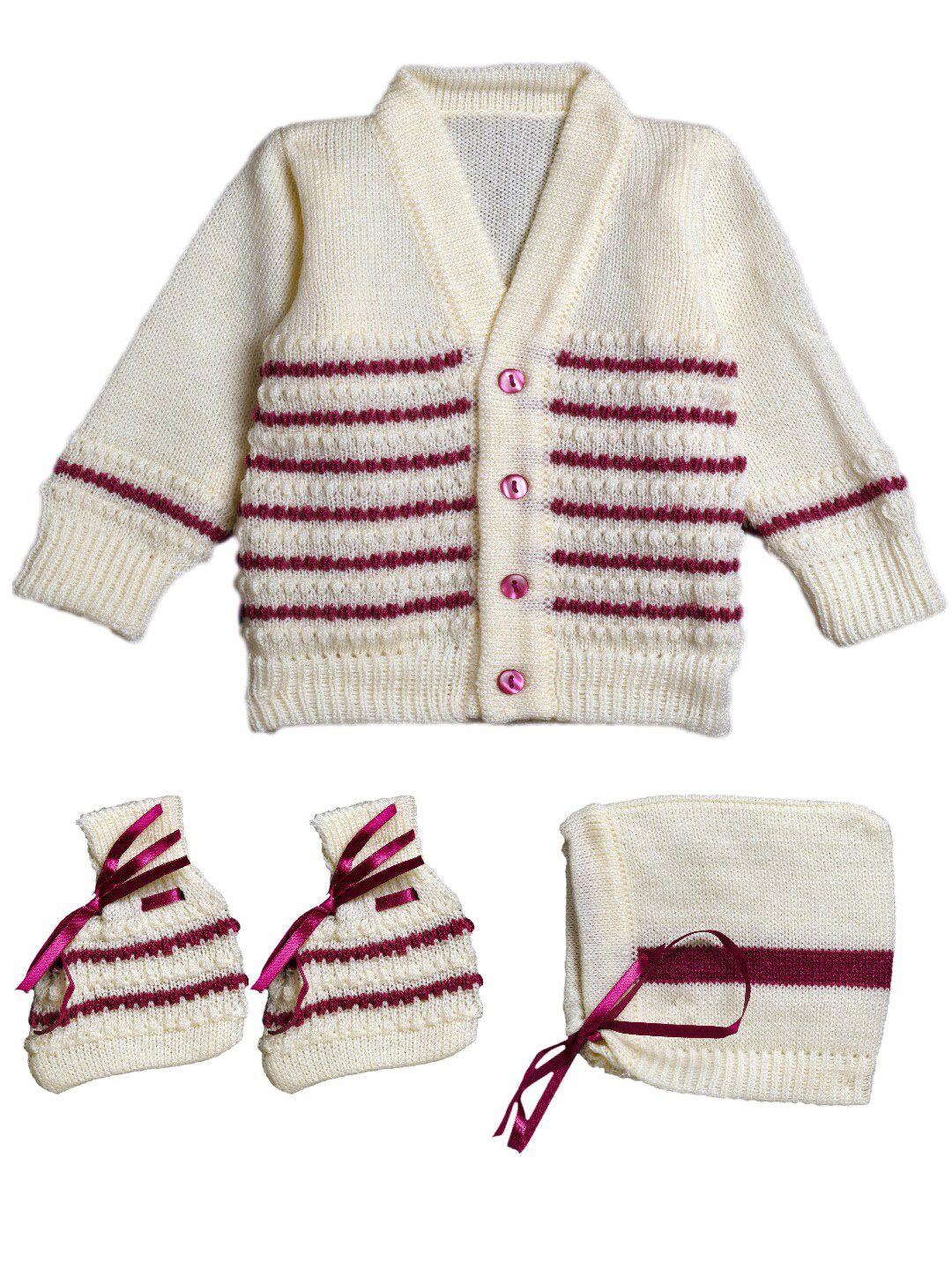 little angels boys pack of 4 magenta & white striped sweater with cap & socks