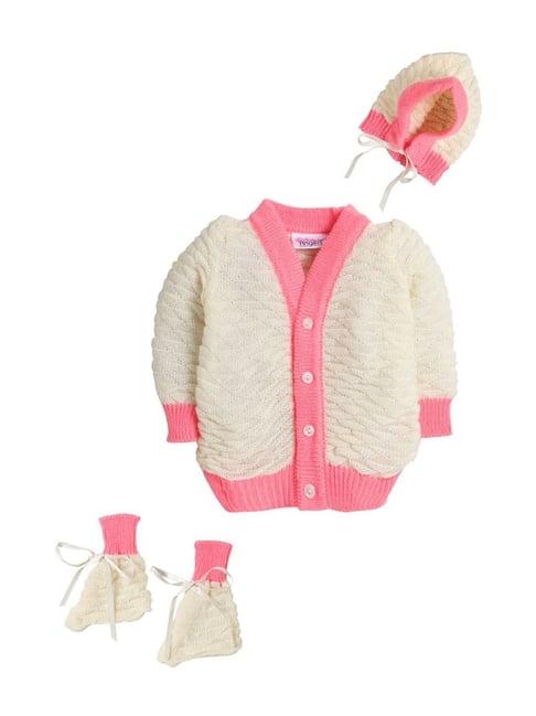 little angels kids cream & pink textured pattern full sleeves sweater set