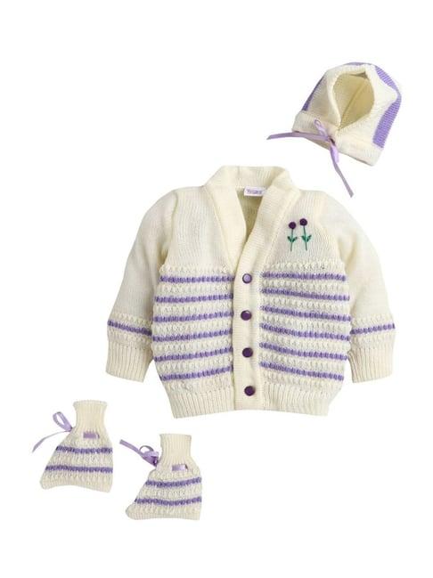 little angels kids cream & purple striped full sleeves sweater set