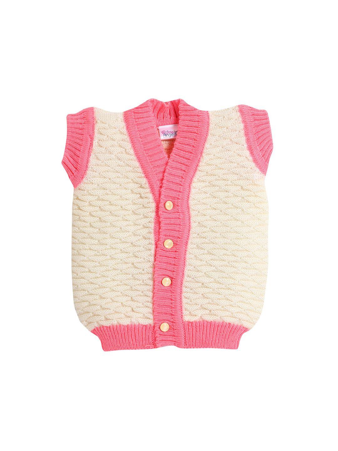 little angels kids cream-coloured & pink argyle front-open sweater