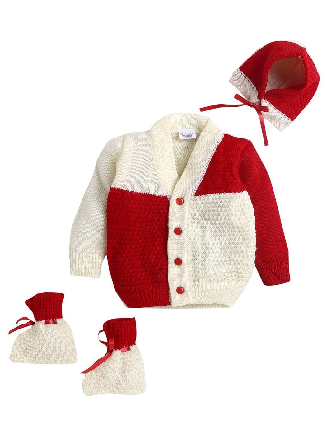 little angels kids cream-coloured & red cardigan with beanie & booties