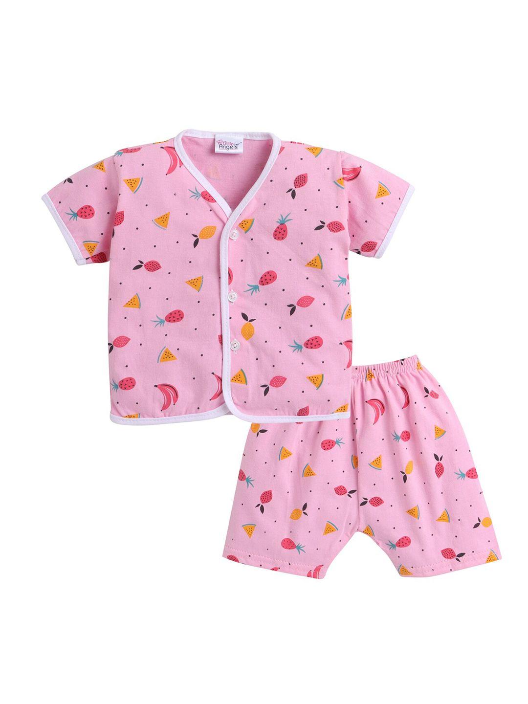 little angels kids pink pinted cotton jhabla with shorts