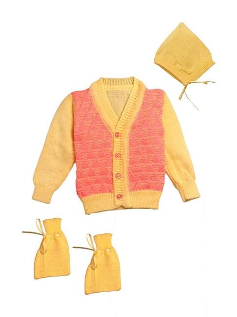 little angels kids yellow & pink textured pattern full sleeves sweater set