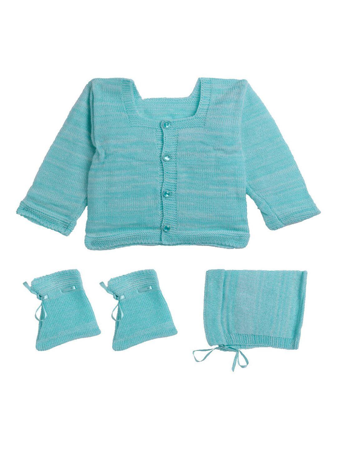 little angels teal front-open sweater with matching cap & pair of socks