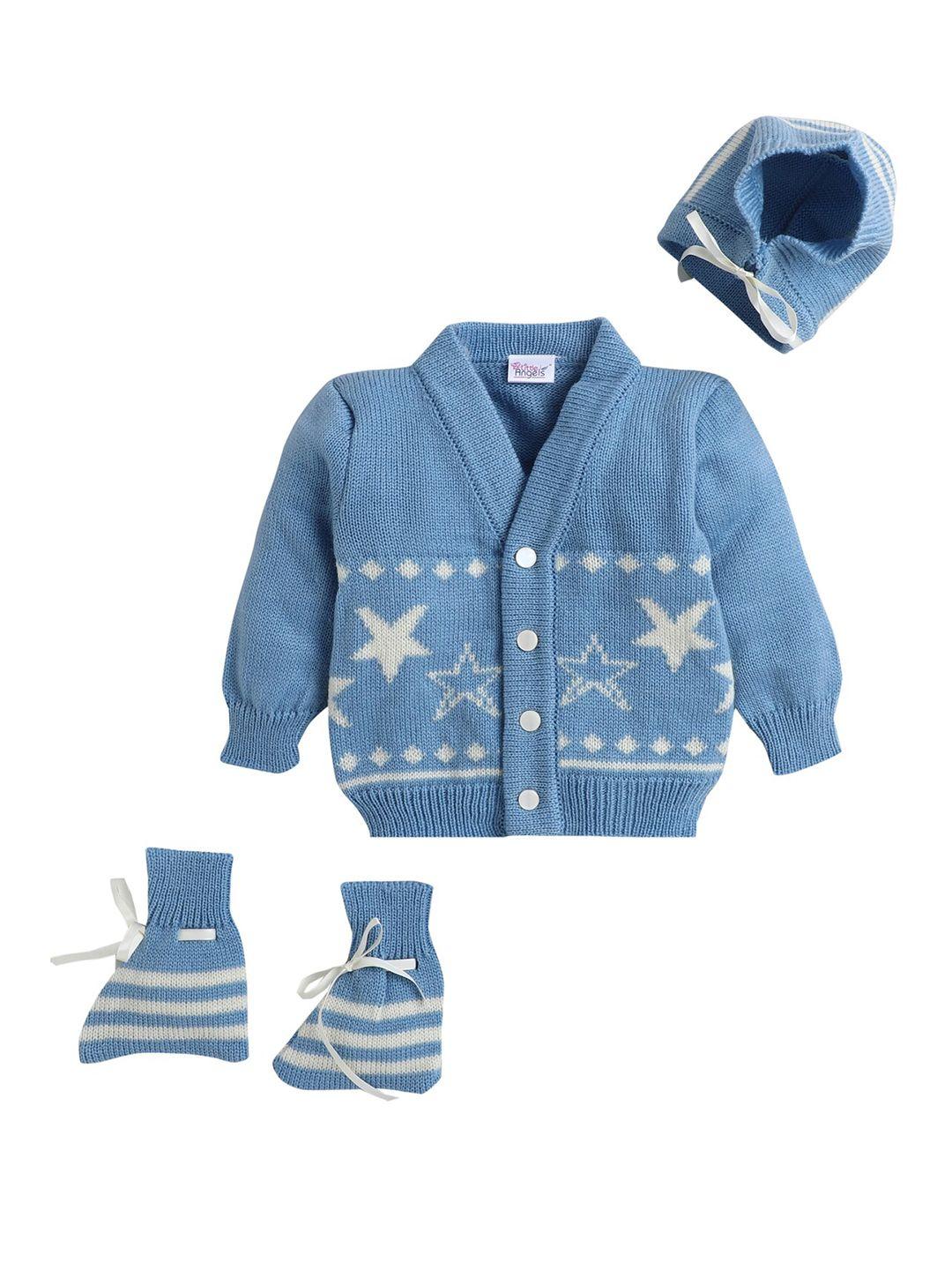 little angels unisex kids cream-coloured & blue printed cardigan