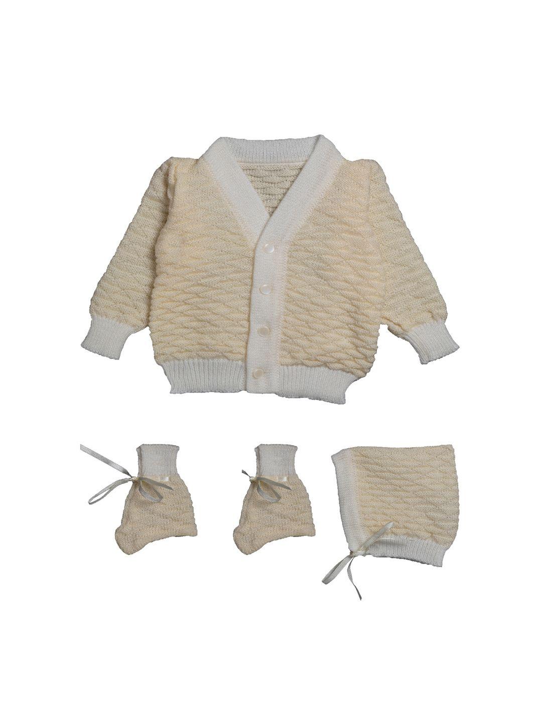 little angels unisex kids cream-coloured self design cardigan sweater set
