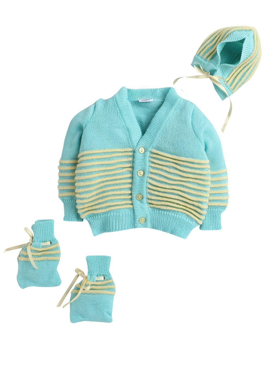 little angels unisex kids green & blue cable knit cardigan matching cap and socks