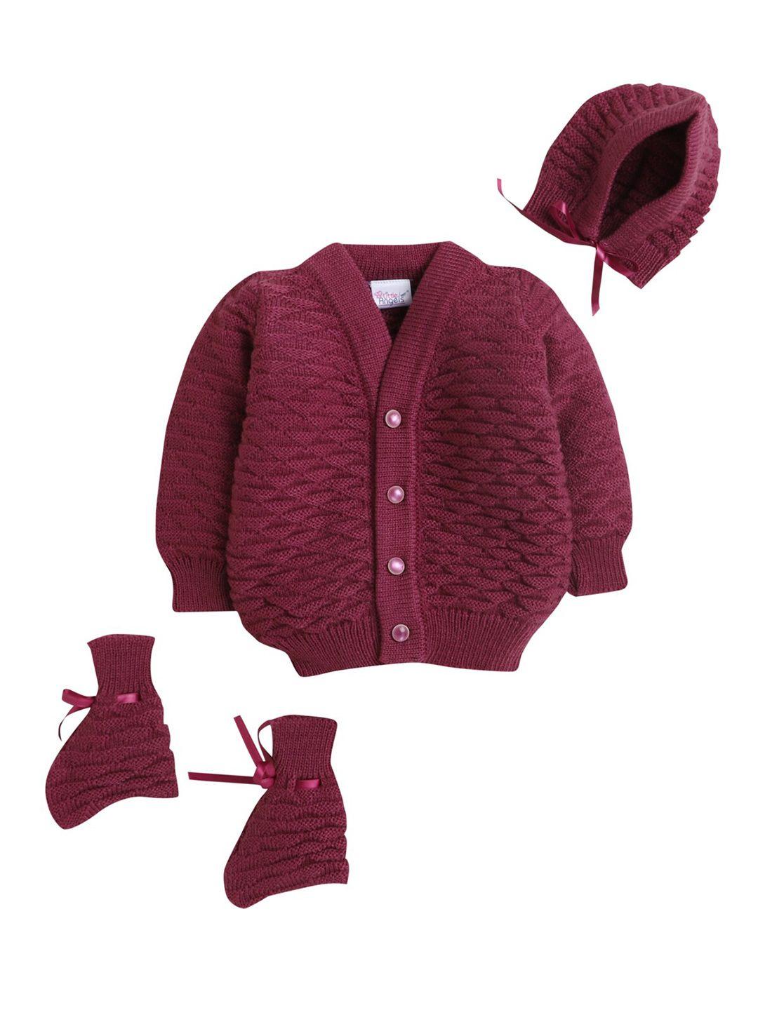 little angels unisex kids maroon cardigan matching cap and socks